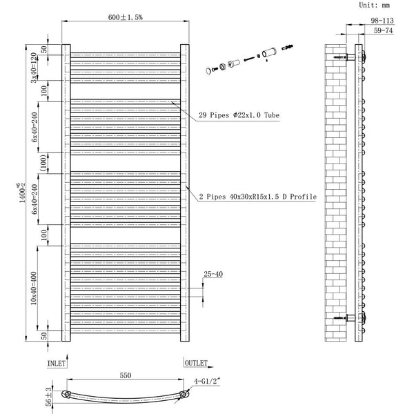 Leziter Radiator curbat pentru uscător de prosoape 1400x600 mm alb