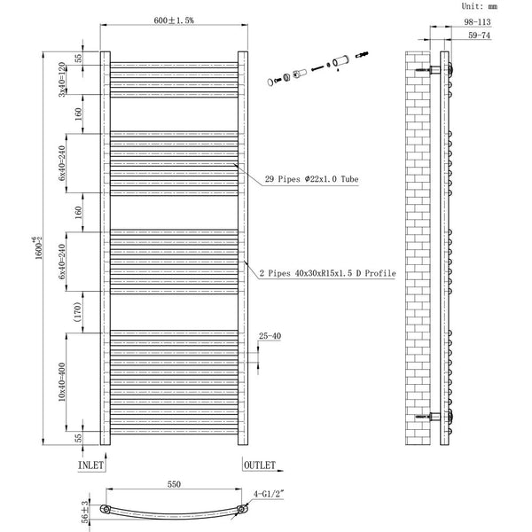 Leziter Radiator cu uscător de prosoape curbat 1600x600 mm alb