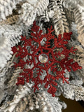 Decoratiune brad fulg de zapada cu cristal, set 2 bucati, 12cm, rosu