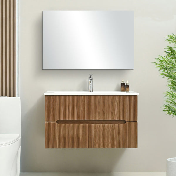 Leziter Set mobilier baie Trent 100 cu lavoar, oglinda, 2 sertare, 60x100 cm, stejar apus de soare