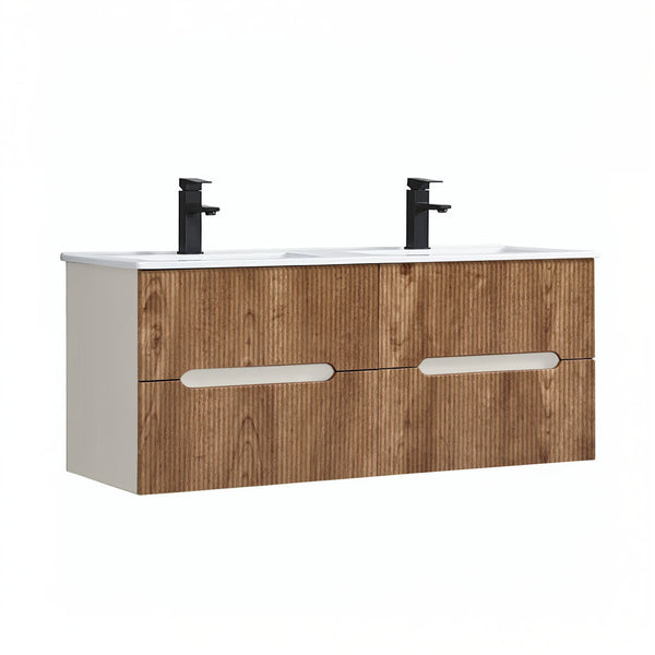 Leziter Masca chiuveta baie Trent 120 cu lavoar, 4 sertare, stejar alb-sunset