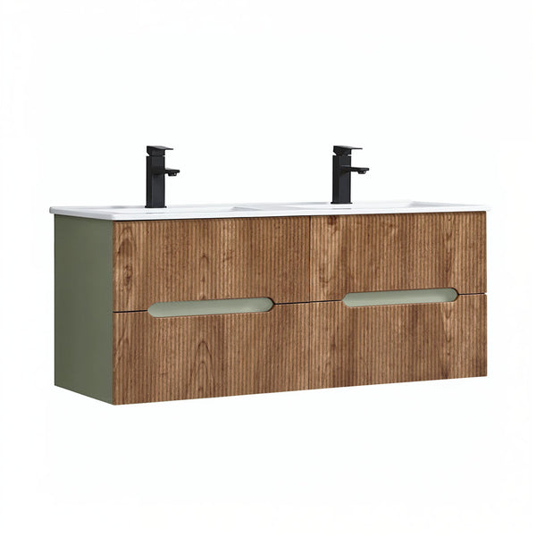 Leziter Trent 120 dulap de baie inferior cu chiuvetă ceramică (4 sertare) stejar verde-oliv-sunset