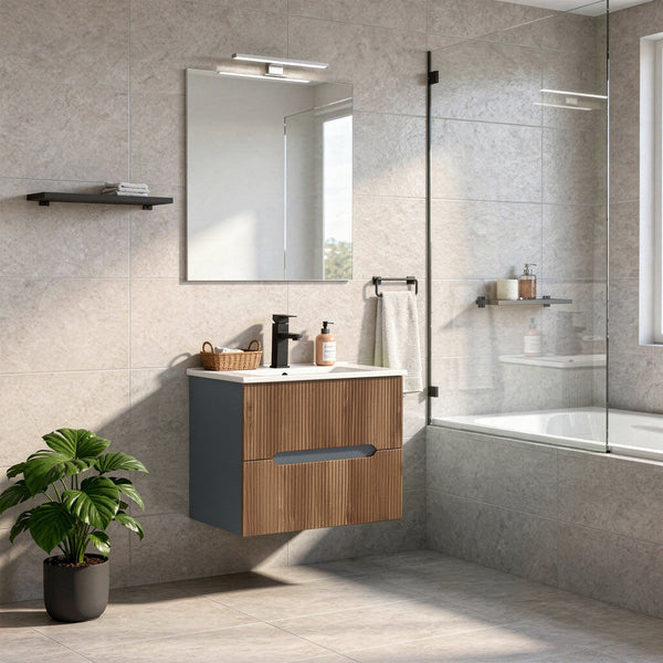 Leziter Trent 60 dulap de baie inferior cu chiuvetă ceramică (2 sertare) gri antracit - stejar apus de soare