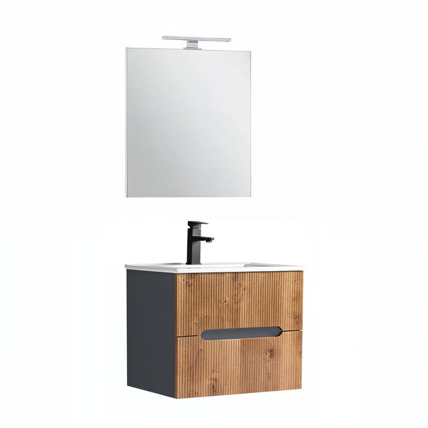 Leziter Trent mobilier de baie 60 cm lavoar ceramic (2 sertare) cu oglindă 60x80 cm gri antracit - stejar apus de soare