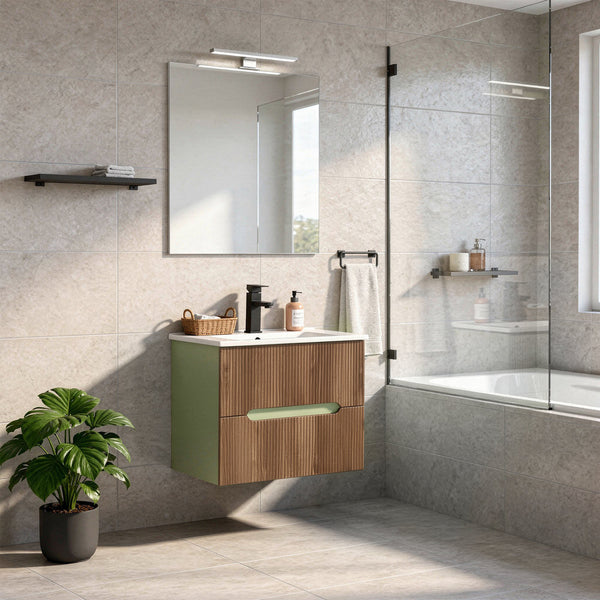 Leziter Trent 60 dulap de baie inferior cu chiuvetă ceramică (2 sertare) verde fistic - stejar apus de soare