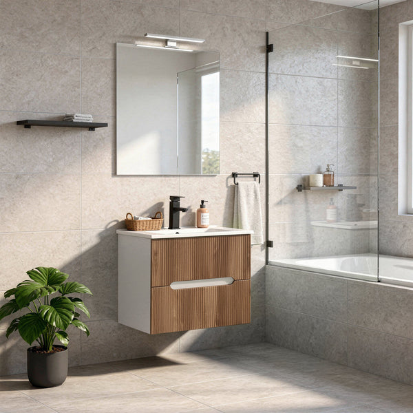 Leziter Set mobilier baie Trent 60 cu lavoar, oglinda, 2 sertare, 60x80 cm, stejar alb-sunset