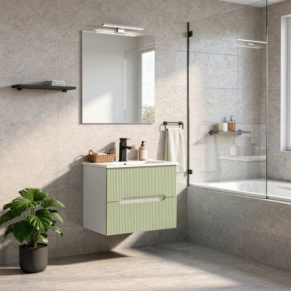 Leziter Set mobilier baie Trent 60 cu lavoar, oglinda, 2 sertare, 60x80 cm, alb-verde deschis