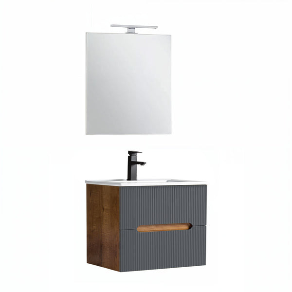 Leziter Trent mobilier de baie 60 cm chiuvetă ceramică (2 sertare) cu oglindă 60x80 cm stejar sunset-antracit gri