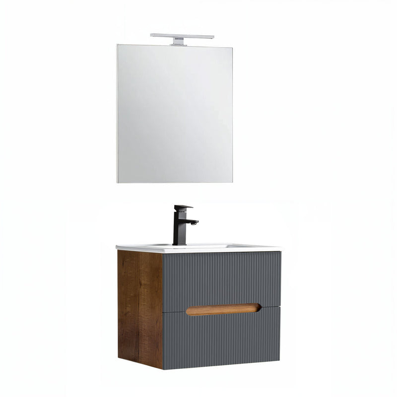 Leziter Trent mobilier de baie 60 cm chiuvetă ceramică (2 sertare) cu oglindă 60x80 cm stejar sunset-antracit gri