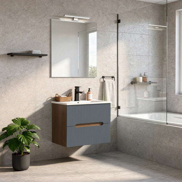 Leziter Trent mobilier de baie 60 cm chiuvetă ceramică (2 sertare) cu oglindă 60x80 cm stejar sunset-antracit gri