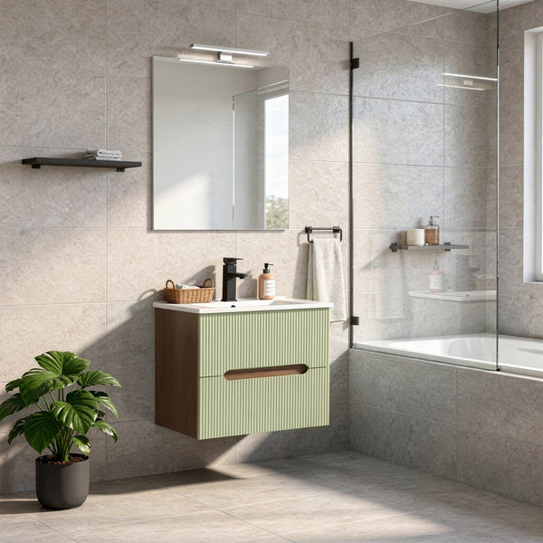 Leziter Trent mobilier de baie 60 cm ceramică chiuvetă (2 sertare) cu oglindă 60x80 cm sunset stejar-pistachio verde