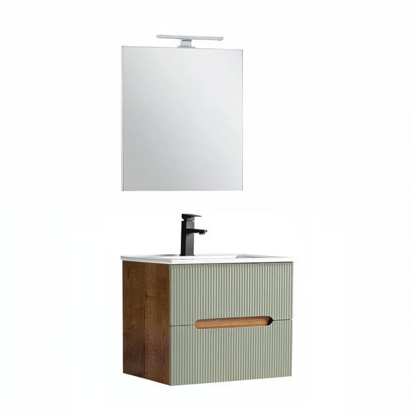 Leziter Trent Mobilier de baie 60 cm lavoar ceramic (2 sertare) cu oglindă 60x80 cm stejar sunset-olive verde