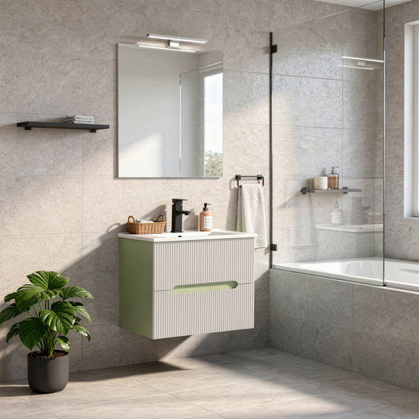 Leziter Set mobilier baie Trent 60 cu lavoar, oglinda, 2 sertare, 60x80 cm, verde deschis-alb