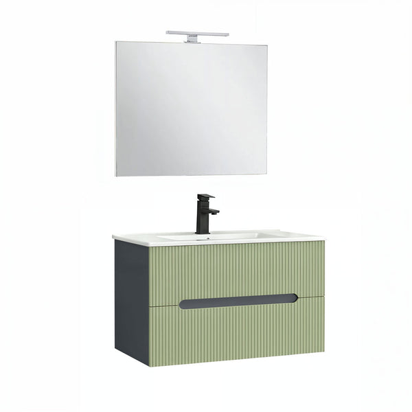 Leziter Trent Mobilier de baie 80 cm lavoar ceramic (2 sertare) cu oglindă 60x80 cm gri antracit-verde fistic