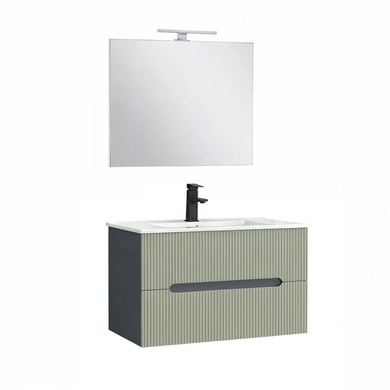 Leziter Trent Mobilier de baie 80 cm lavoar ceramic (2 sertare) cu oglindă 60x80 cm gri antracit-verde-oliv