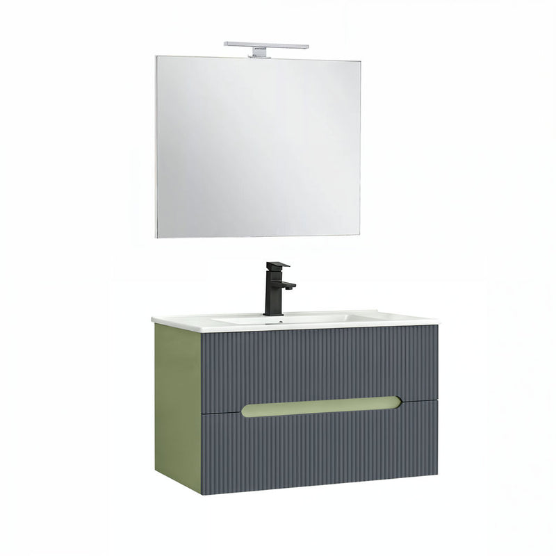 Leziter Trent Mobilier de baie 80 cm lavoar ceramic (2 sertare) cu oglindă 60x80 cm verde fistic-gri antracit