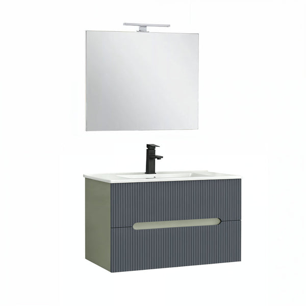 Leziter Trent Mobilier de baie 80 cm lavoar ceramic (2 sertare) cu oglindă 60x80 cm verde măslin-gri antracit