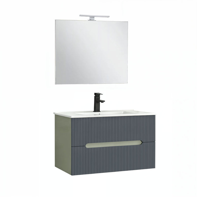 Leziter Trent Mobilier de baie 80 cm lavoar ceramic (2 sertare) cu oglindă 60x80 cm verde măslin-gri antracit