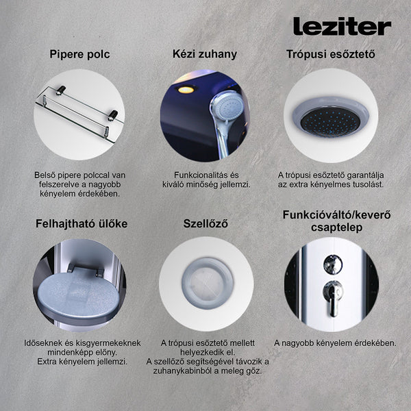 Leziter Cabina dus cu hidromasaj Vital Black 90x90 cm, curbata, negru