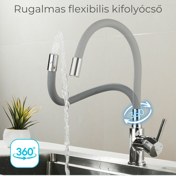 Leziter Robinet mixer pentru chiuvetă cu piedestal Corin cu gura de scurgere flexibilă gri