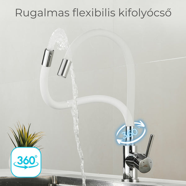 Leziter Robinet mixer pentru chiuvetă pe piedestal Corin cu gura de scurgere flexibilă alb