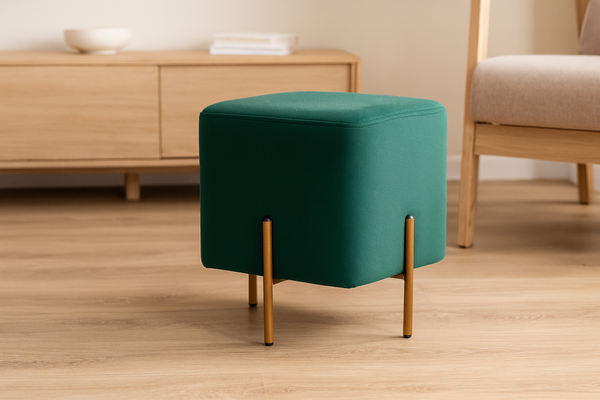 Taburet patrat, tapitat cu stofa, picioare otel, sarcina 100kg, 35x35x40 cm, verde