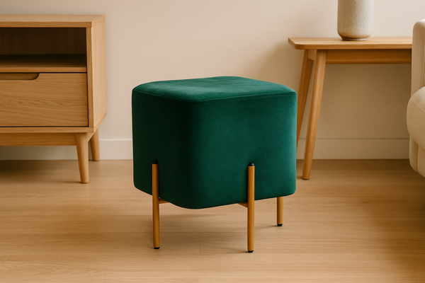 Taburet patrat, tapitat cu stofa, picioare otel, sarcina 100kg, 35x35x40 cm, verde