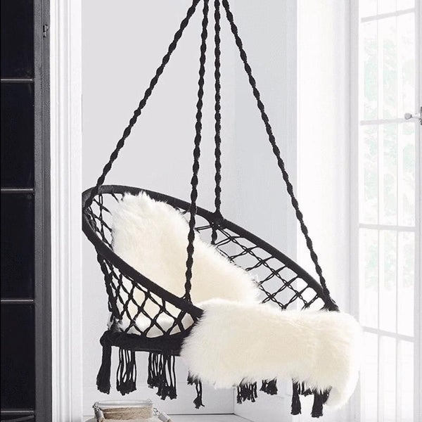 Scaun rotund tip leagan suspendat pentru casa sau gradina, cu franjuri, 150kg, negru