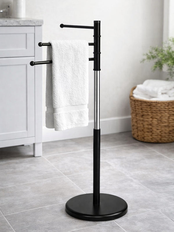Suport cuier pentru prosoape cu 3 brate egale 32 cm, inaltime 86 cm, negru